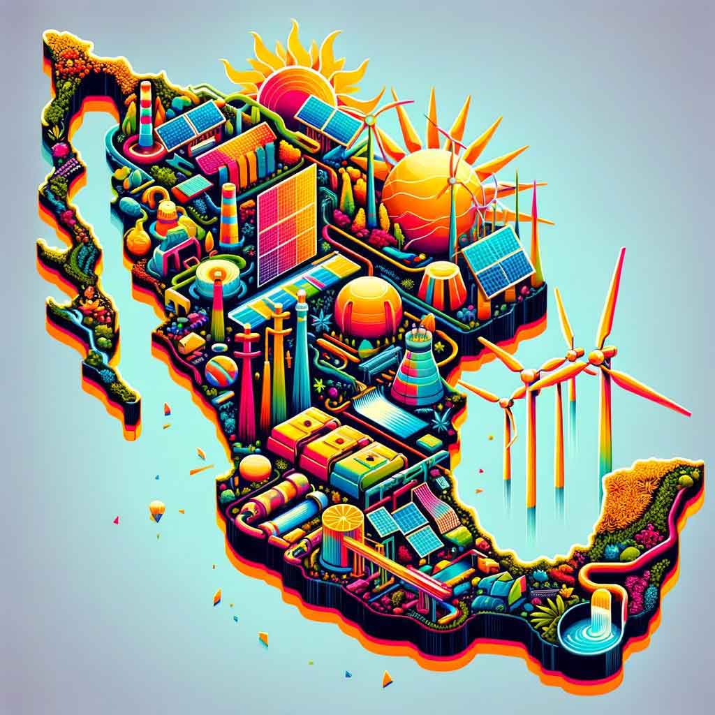 map of mexico full of solar panels, eolic with mexican colors