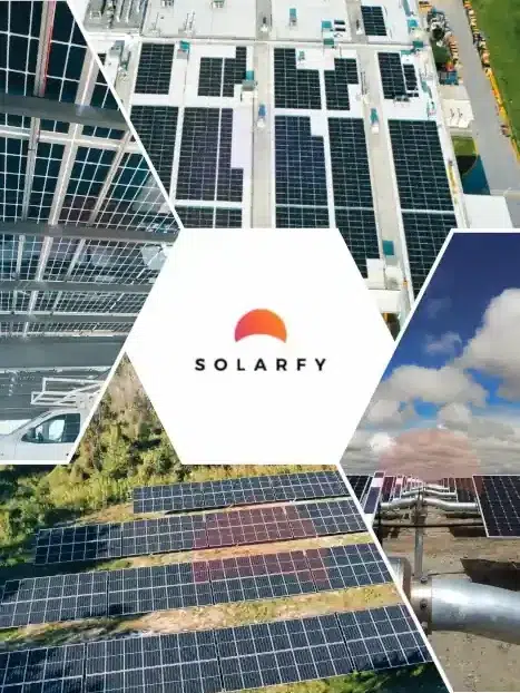 collage de imagenes de carport, paneles solares en techo y en groundmount con el logo de solarfy en el centro