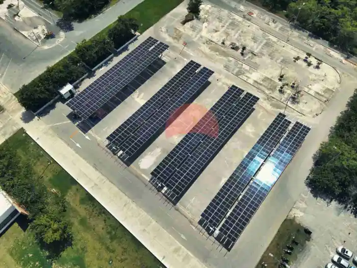 drone view from a 300 cars parkinglot with carport